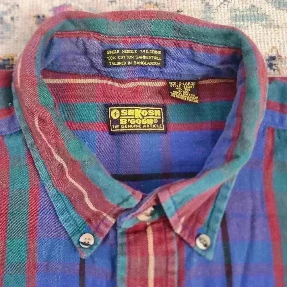 OshKosh B'gosh Vintage 90s Men's Blue Plaid Button Shirt, size Large - Picture 7 of 9